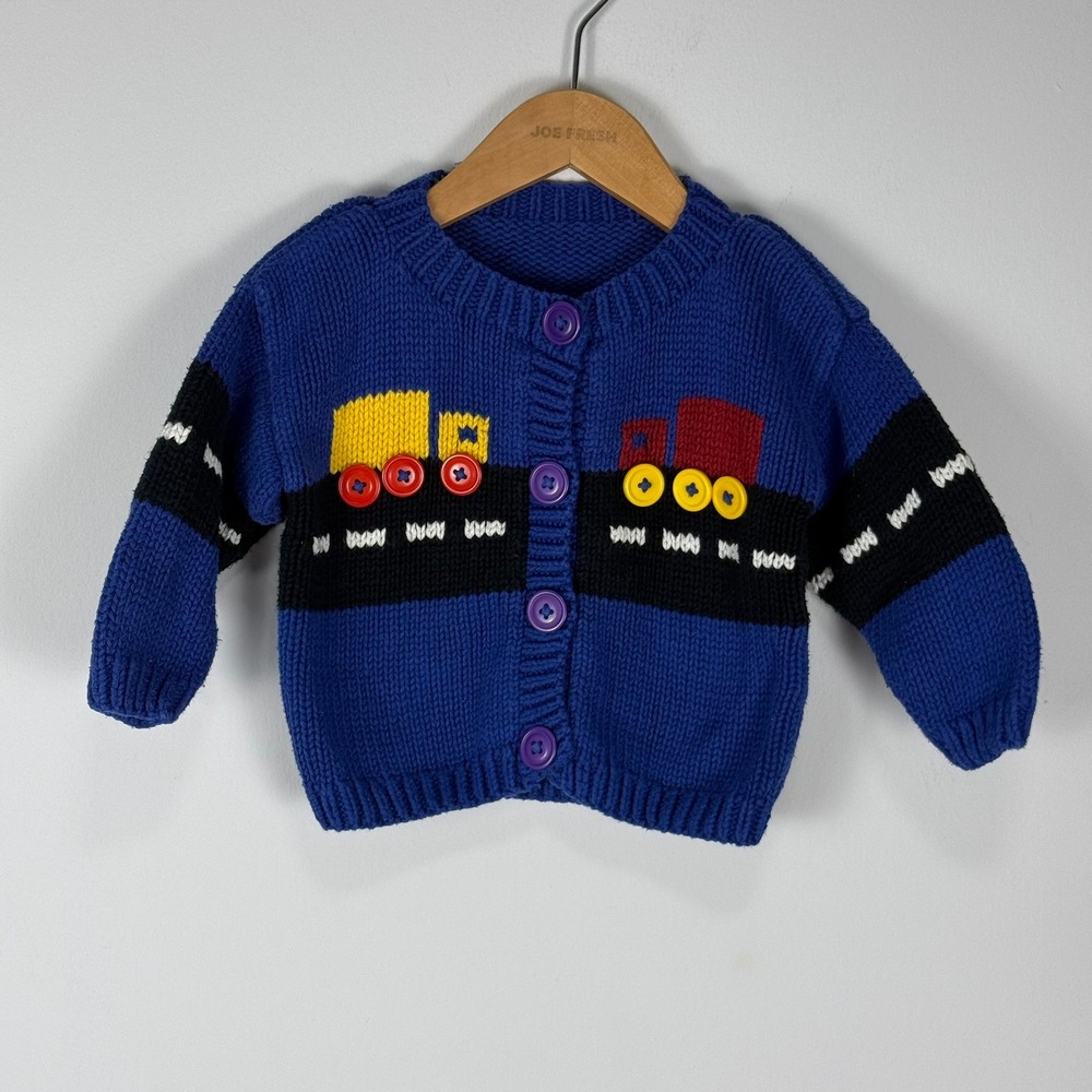Vintage Knit Truck Cardigan Sweater Blue Boys Toddler 12-18M